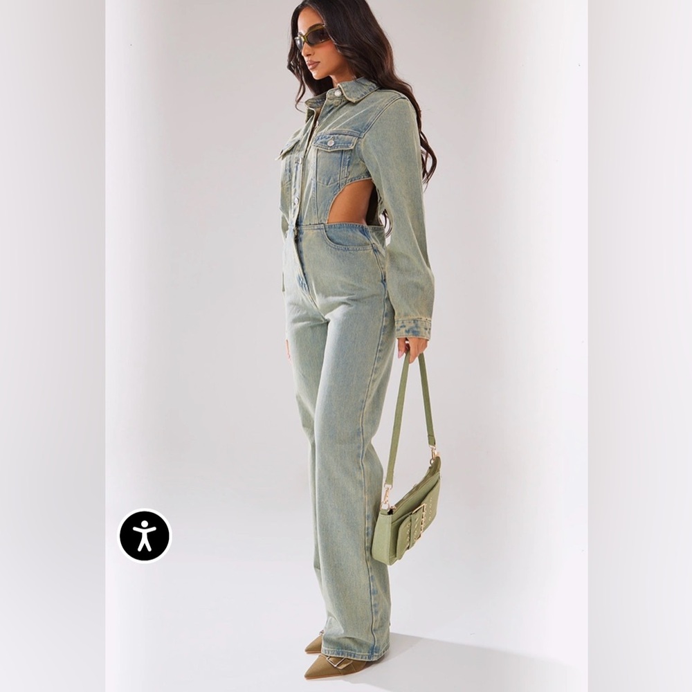 PrettyLittleThing Green Denim Jumpsuit - Picture 2 of 9